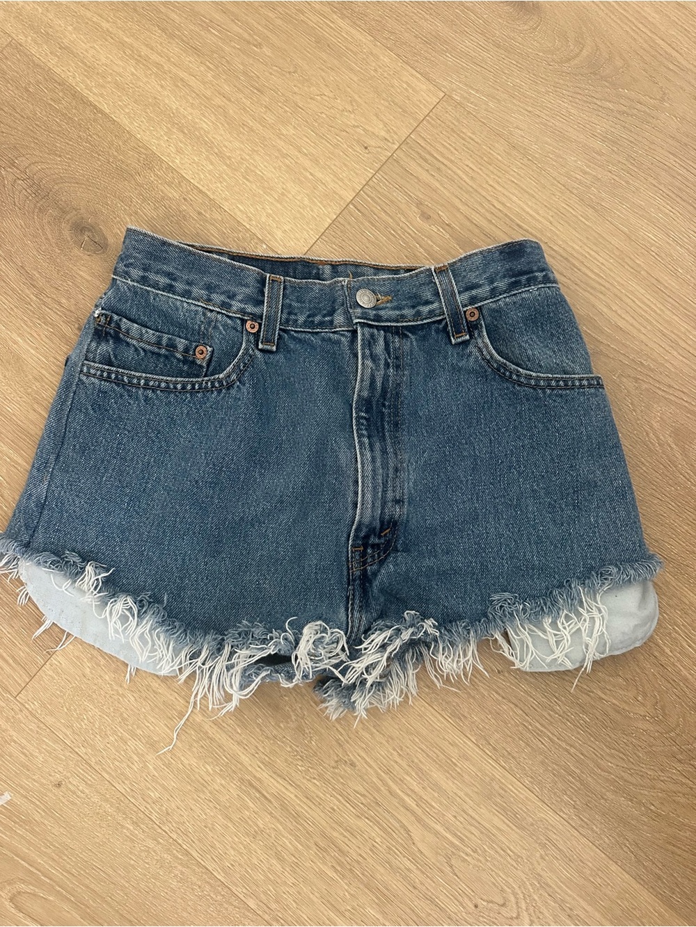 Levi's Denim Jean Shorts in Medium Blue with Frayed Hem